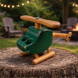 Vintage Classic Wooden Helicopter Toy - Green and Brown Moveable Propeller